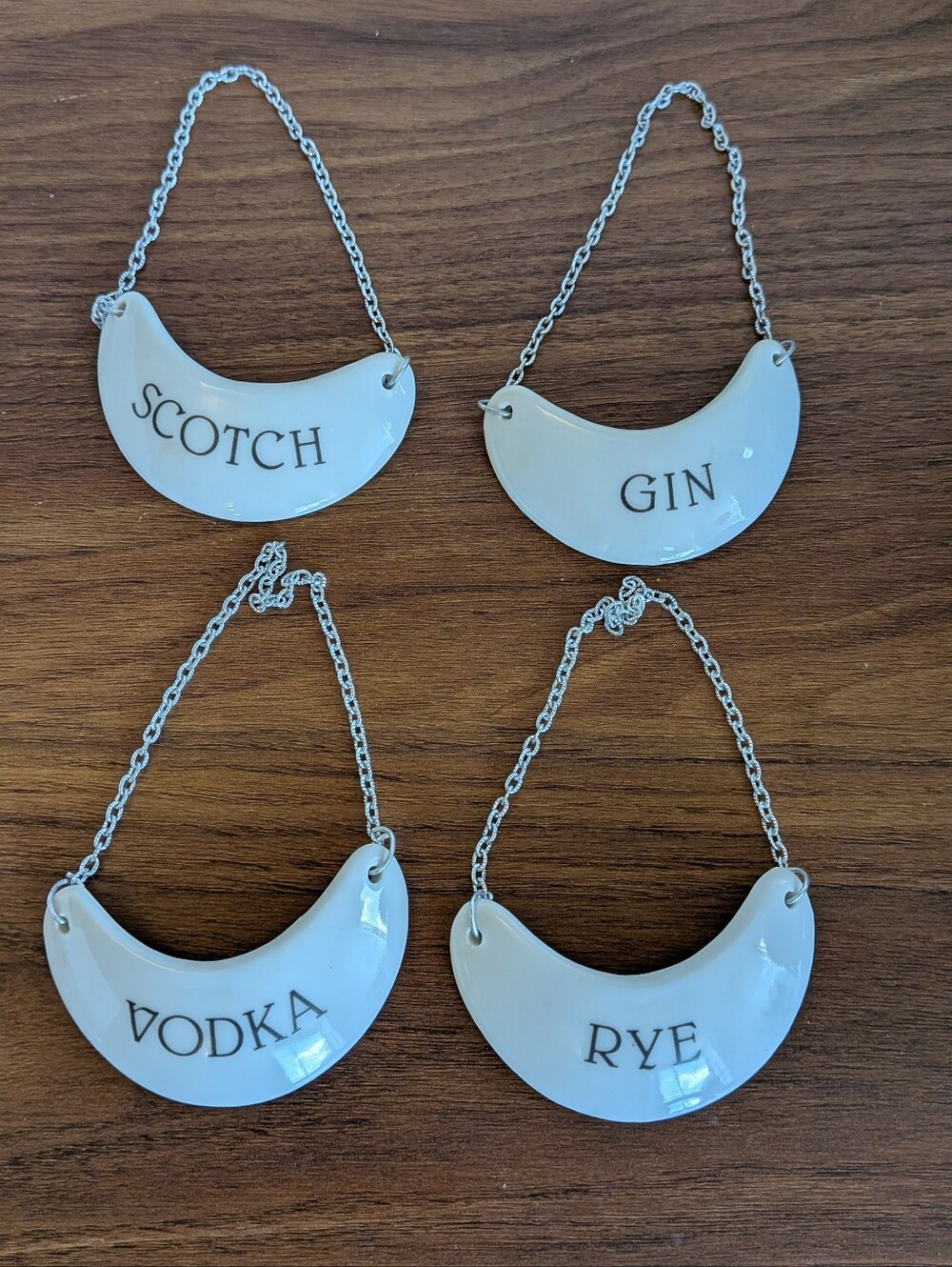 Vtg White Porcelain Set of 4 Liquor Bottle Decanter Tags Vodka Gin Scotch Rye